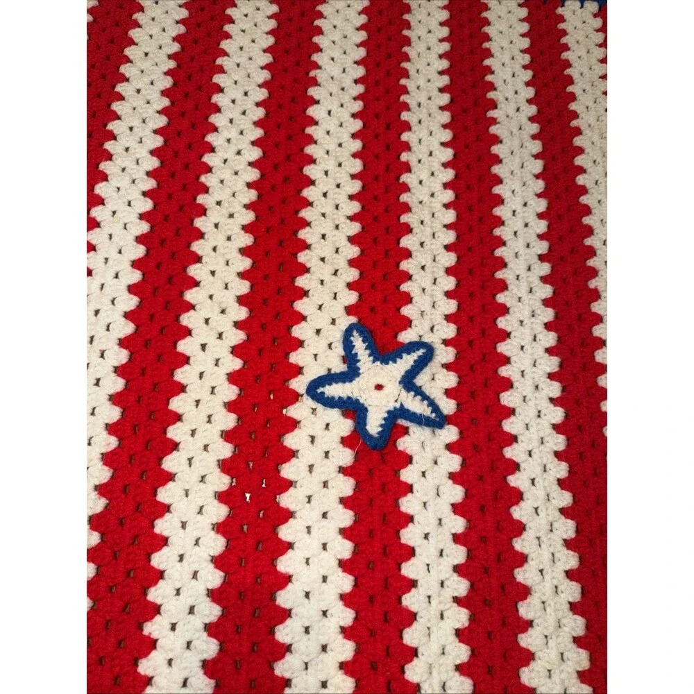 Patriotic Crochet Afghan Throw Blanket 50”x60” Red White Blue Stars Stripes